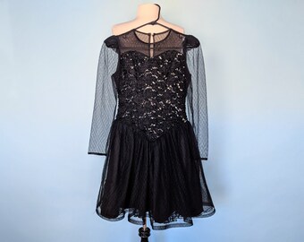 Vintage 80s Black Sequin and Lace Prom Dress, 1980s Long Sleeve Black Cocktail Mini Dress