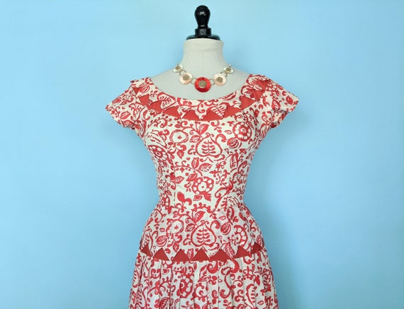 Vintage 1950s Red Floral Print Drop Waist Dress, … - image 3