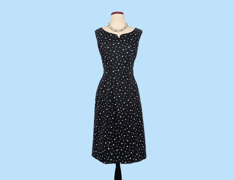 Vintage 1950s Black Polka Dot Day Dress Set, Vintage 50s Wiggle Dress with Cropped Jacket image 4
