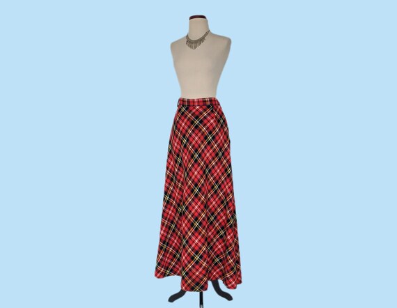 Vintage 70s Red Plaid Boho Maxi Skirt, 1970s Bias… - image 2