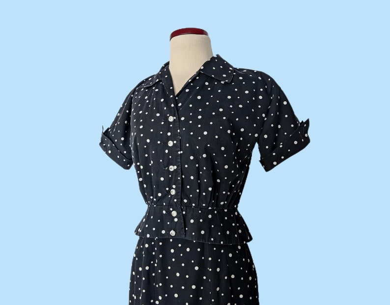Vintage 1950s Black Polka Dot Day Dress Set, Vintage 50s Wiggle Dress with Cropped Jacket image 5