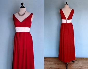 Vintage jaren 50/begin jaren 60 vloer lengte rode fluwelen avondjurk, vintage jaren 1950 kerst feestjurk, vintage ballgown