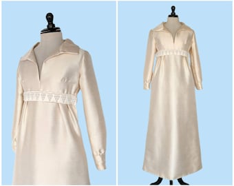 Vintage 1960s Ivory Silk Empire Waist Evening Gown, Vintage 60s Long Sleeve Boho Wedding Dress