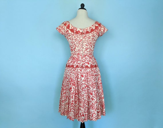 Vintage 1950s Red Floral Print Drop Waist Dress, … - image 5
