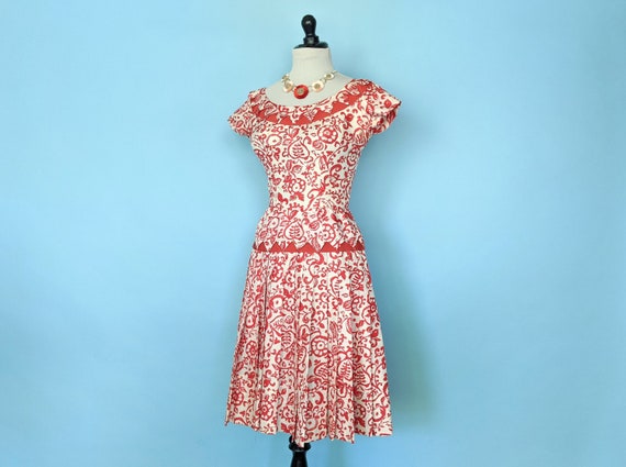 Vintage 1950s Red Floral Print Drop Waist Dress, … - image 4