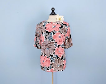 Vintage 80s Silky Blouse, 1980s Floral Top