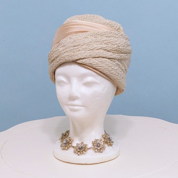 Vintage 1950s Satin and Metallic Turban Hat, Vintage Mid-century Evening Cocktail Hat