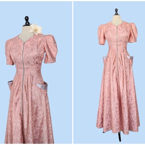 Vintage 1940s Pink Floral Front Zip Dress, Vintage 40s Floor Length Gown