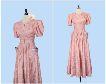 Vintage 1940s Pink Floral Front Zip Dress, Vintage 40s Floor Length Gown