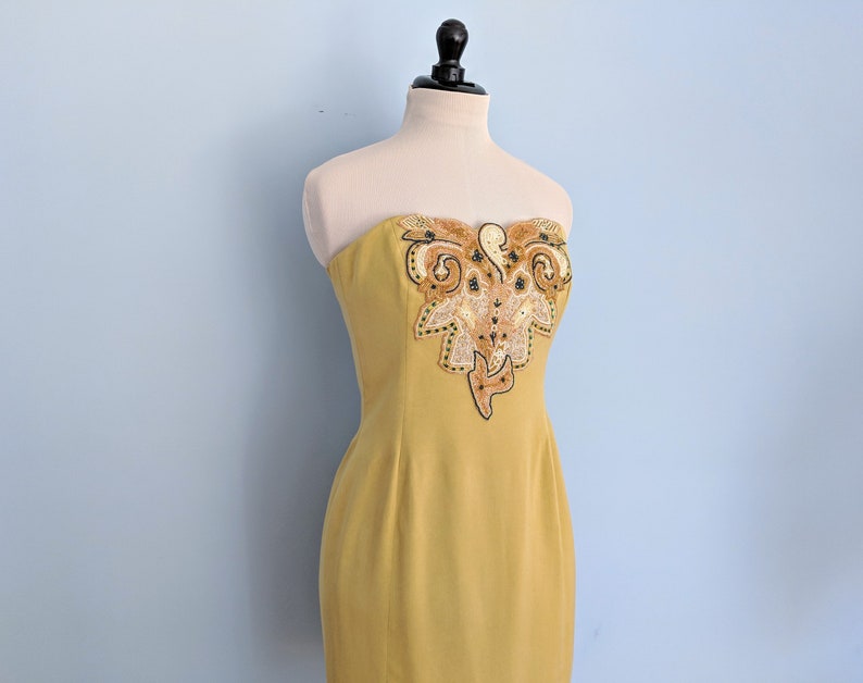 Vintage 80s/90s Escada Strapless Cocktail Dress, Escada Beaded Sheath Evening Gown image 4