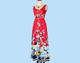 Vintage 70er Victor Costa Rot Floral Maxi Kleid, 1970er Empire Taille Long Cotton Sonnenkleid
