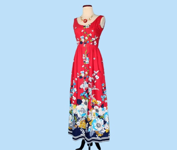 Vintage 70s Victor Costa Red Floral Maxi Dress, 1… - image 1