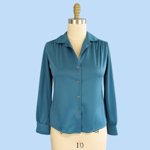 Vintage 1970s Teal Blue Button Down Shirt, Vintage 70s Long Sleeve Collared Blouse image 2