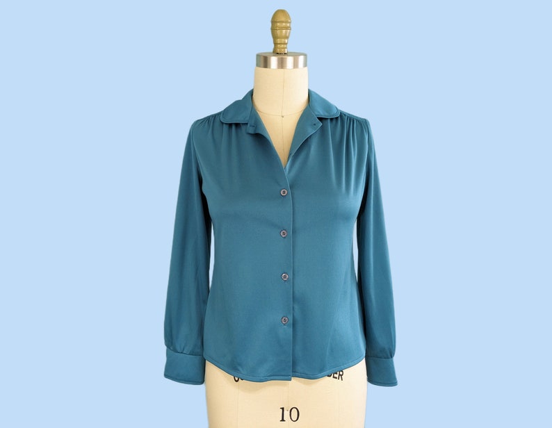 Vintage 1970s Teal Blue Button Down Shirt, Vintage 70s Long Sleeve Collared Blouse image 2