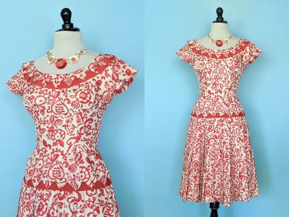 Vintage 1950s Red Floral Print Drop Waist Dress, … - image 1