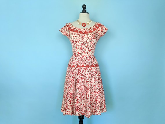 Vintage 1950s Red Floral Print Drop Waist Dress, … - image 2