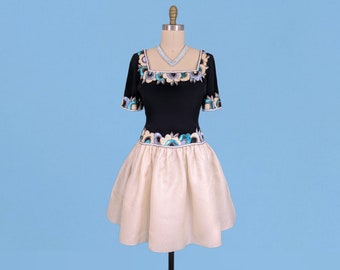 Vintage 90s Bob Mackie Beaded Cocktail Dress, Vintage 1990s Embellished Sequin Black and Ivory Evening Gown