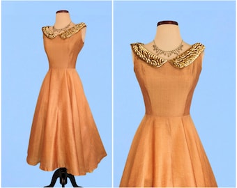 Vintage 1950s Iridescent Orange Party Dress, Vintage 50s Full Skirt Dupioni Silk Evening Gown Prom Dress With Sequin Collar