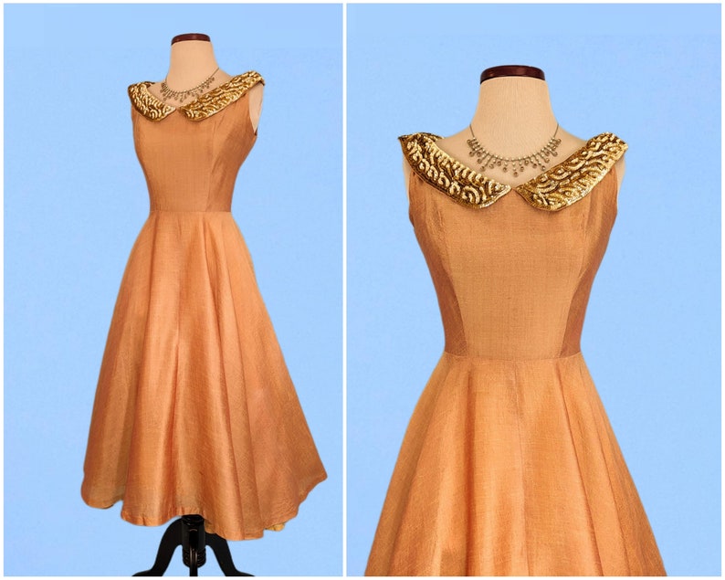 Vestido de fiesta naranja iridiscente vintage de los años 50, vestido de noche de seda Dupioni con falda completa vintage de los años 50, vestido de fiesta con cuello de lentejuelas imagen 1
