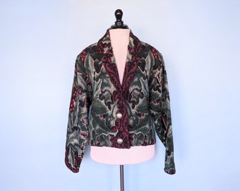 Vintage 90s "Painted Pony" Holly Print Tapestry Jacket, 1990s Button Down Novelty Print Oversized Sweater