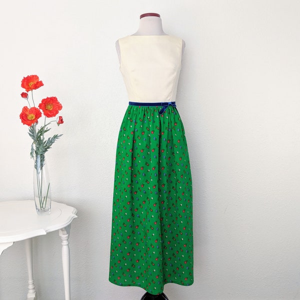 Vintage 60s Lanz Originals Floral Maxi Dress, 1960s Green and White Color Block Boho Dress