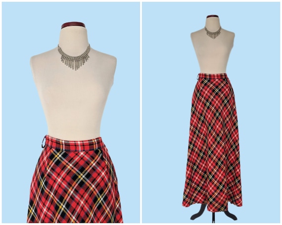 Vintage 70s Red Plaid Boho Maxi Skirt, 1970s Bias… - image 1
