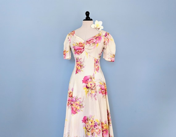 Vintage 30s Floral Rayon Day Dress, 1930s Maxi Sun