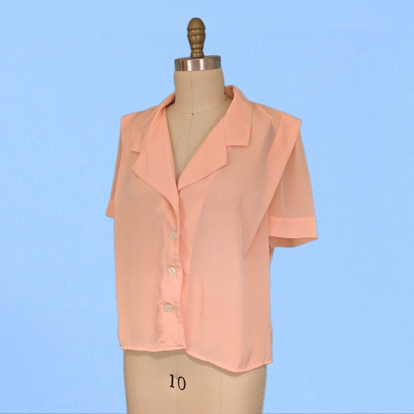 Vintage 80s Peach Silky Blouse, Vintage 1980s Boxy Fit Pink Button Down Shirt