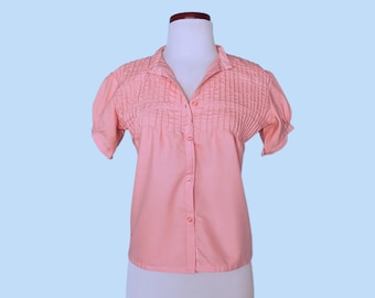 Vintage 70s Pink Button Down Blouse, 1970s Button Up Shirt with Puffed Sleeves