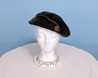 Vintage 1950s Brown Velvet Brimmed Hat, Vintage 50s Beaded Evening Party Hat