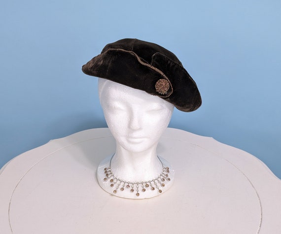 Vintage 1950s Brown Velvet Brimmed Hat, Vintage 5… - image 1