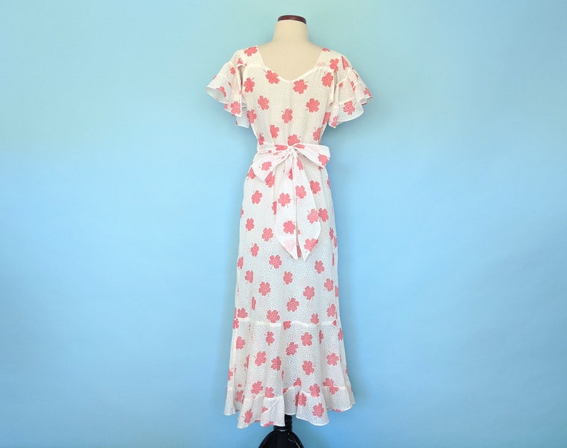 Vintage 1930s Flutter Sleeve Floral Day Dress, Vintage 30s Art Deco Romantic Cotton Sundress, 1930s Pink and White Gown image 5