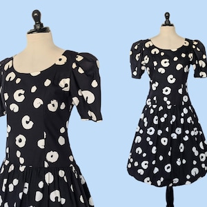 Vintage 80s Neiman Marcus Bubble Hem Dress, 1980s Black and White Abstract Print Party Dress
