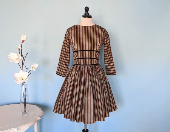 Vintage 50s Long Sleeve Dress, 1950s Striped Party