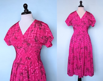 Vintage 1980s Pink Dress, 80s does 50s Silky Midi Short Sleeve Dress