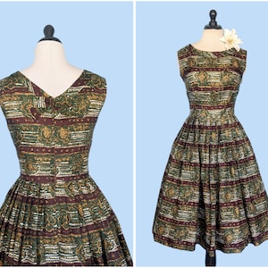 Vintage 50s Novelty Print Silk Day Dress, 1950s Striped Party Dress