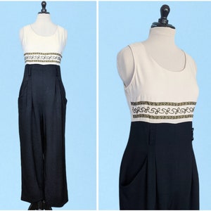 Vintage 60s Two Toned Embroidered Jumpsuit, 1960s Wide Leg Rayon Jumpsuit