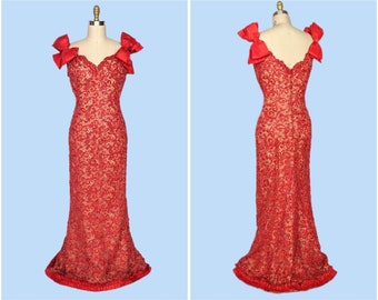 1980s Bob Mackie Lace and Sequin Evening Gown, Stunning Designer Red Mermaid Formal Ball Gown