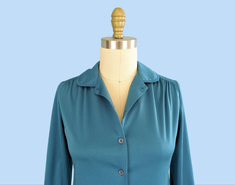 Vintage 1970s Teal Blue Button Down Shirt, Vintage 70s Long Sleeve Collared Blouse image 3