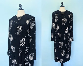 Vintage 80s Large Louis Feraud Black and White Designer Cocktail Dress, 1980s Pleated Waist Shift Dress