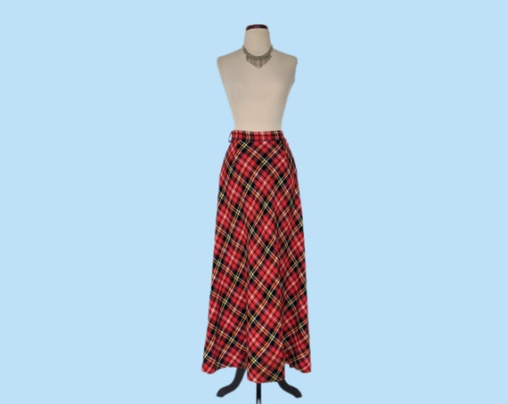 Vintage 70s Red Plaid Boho Maxi Skirt, 1970s Bias… - image 4