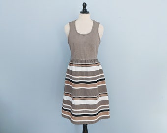 Vintage 70s Sundress, 1970s Striped Tan Day Dress, Knit Dress