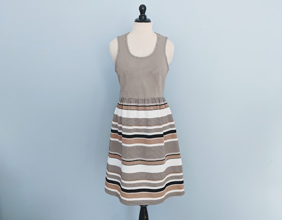 Vintage 70s Sundress, 1970s Striped Tan Day Dress… - image 1