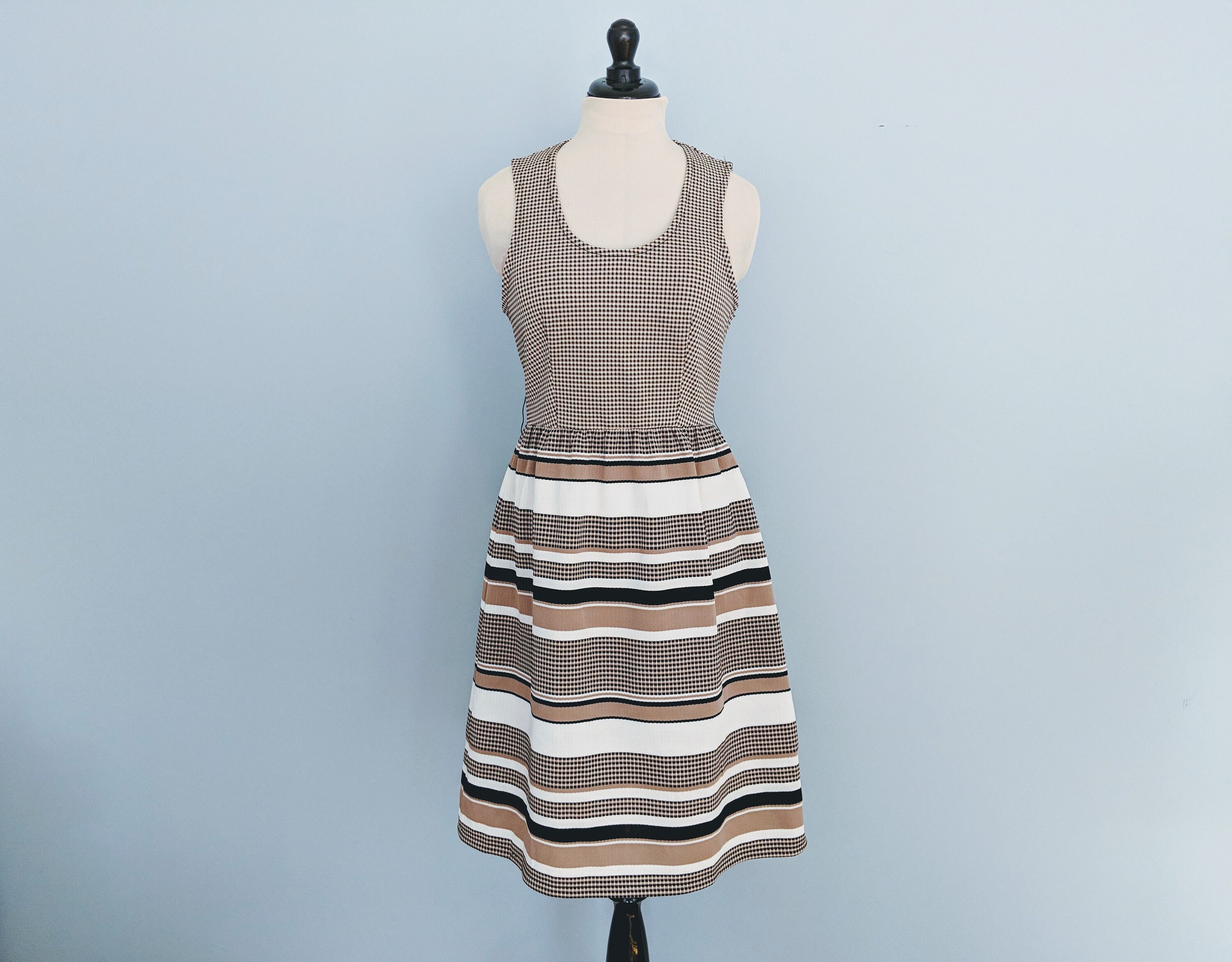 Vintage 70s Sundress, 1970s Striped Tan Day Dress, Knit Dress