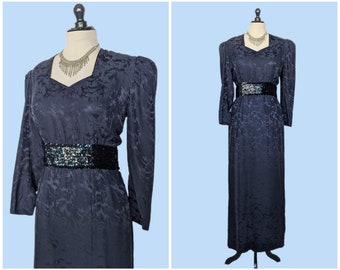 Vintage 80s Black Silk Maxi Dress, 1980s Floor Length Sheath Evening Gown