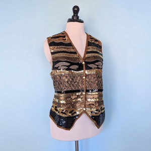Vintage 80s Black and Gold Sequin Vest, 1980s Glam Evening Jacket