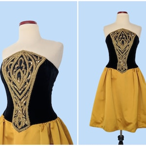 Vintage Bob Mackie Beaded Cocktail Dress, Vintage 90s Embellished Sequin Black Velvet and Gold Evening Gown