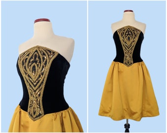Vintage Bob Mackie Beaded Cocktail Dress, Vintage 90s Embellished Sequin Black Velvet and Gold Evening Gown