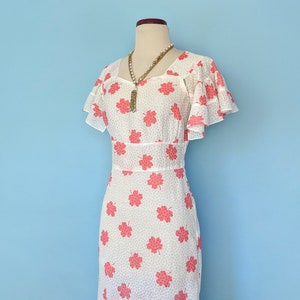 Vintage 1930s Flutter Sleeve Floral Day Dress, Vintage 30s Art Deco Romantic Cotton Sundress, 1930s Pink and White Gown image 4