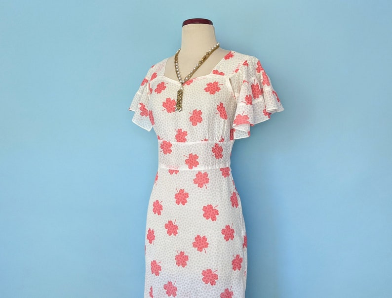 Vintage 1930s Flutter Sleeve Floral Day Dress, Vintage 30s Art Deco Romantic Cotton Sundress, 1930s Pink and White Gown image 4